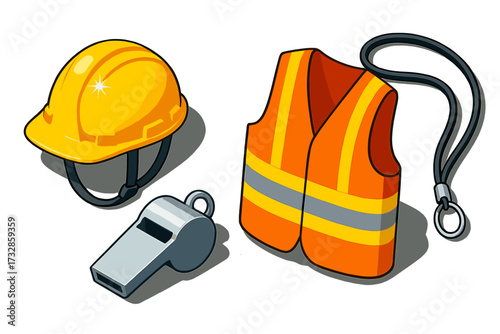 Construction Safety Gear. Isometric vector illustration set Construction Safety Gear: bright yellow hardhat with chin strap,
