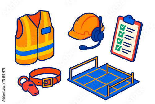 Foreman Tools Isometric. Isometric vector illustration set Foreman Equipment Layout: high-vis vest with name tag, hardhat with