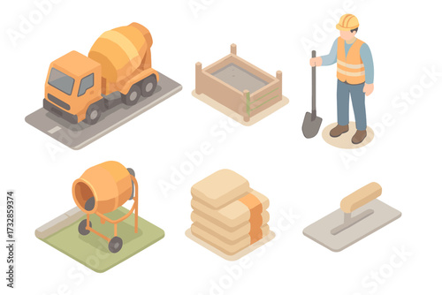 Urban Construction Icons. Isometric vector illustration set Urban Construction Cement Work: city street cement mixer, curb