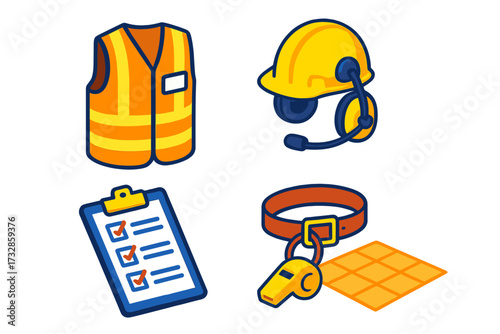 Foreman Tools Isometric. Isometric vector illustration set Foreman Equipment Layout: high-vis vest with name tag, hardhat with