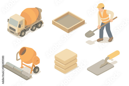Urban Construction Icons. Isometric vector illustration set Urban Construction Cement Work: city street cement mixer, curb