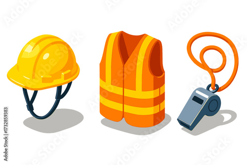 Construction Safety Gear. Isometric vector illustration set Construction Safety Gear: bright yellow hardhat with chin strap,
