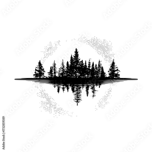 Silhouette of a forest reflected in water with a textured circle in the background creating a serene scene