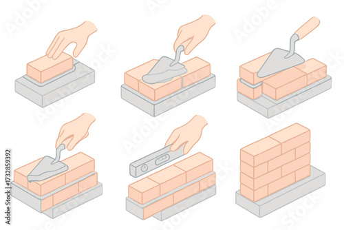 Masonry Process Steps. Isometric vector illustration set Traditional Masonry Process: laying first brick row, applying mortar bed,