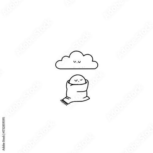 A serene cloud floats above a cozy figure wrapped in a blanket with a peaceful expression on its face