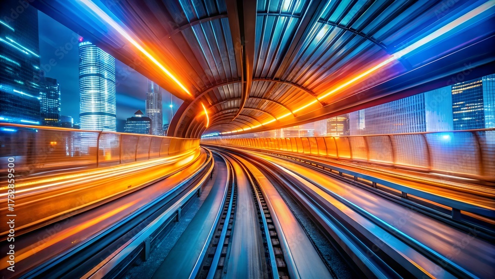 Fototapeta premium Highspeed train traveling through a futuristic city tunnel at night, with streaks of orange and blue light illuminating the tracks and modern architecture, conveying speed and progress