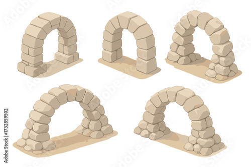 Isometric Stone Arch Techniques. Isometric vector illustration set Dry Stone Arch Techniques: mortarless stone arrangement,