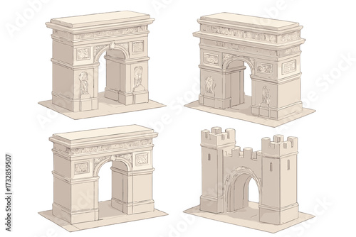 Isometric Arch Monuments. Isometric vector illustration set Historical Arch Monuments: triumphal arch with keystone, decorative