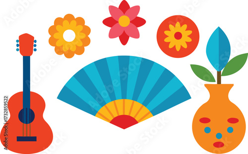 Hispanic heritage month vector icons guitar flowers fan vase illustration eps scalable isolated on transparent background