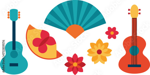 Vibrant hispanic heritage month icons guitar fan flowers fruit vector illustration eps isolated on transparent background