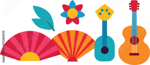 Vector illustration of hispanic heritage month icons with guitar and fans eps isolated on transparent background