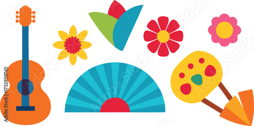 Hispanic heritage month celebration icons guitar flowers fan rattle vector illustration eps isolated on transparent background