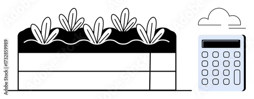 Crops growing in aligned rows in raised beds with a calculator and cloud, emphasizing agricultural planning. Ideal for sustainability, farming, technology, efficiency, management, education