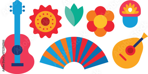 Hispanic heritage month celebration vector icons guitar flowers festive elements scalable eps isolated on transparent background