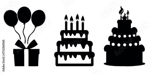 Vector Silhouette Set of Birthday Icons Cake Balloons and Gift Box with Ribbon