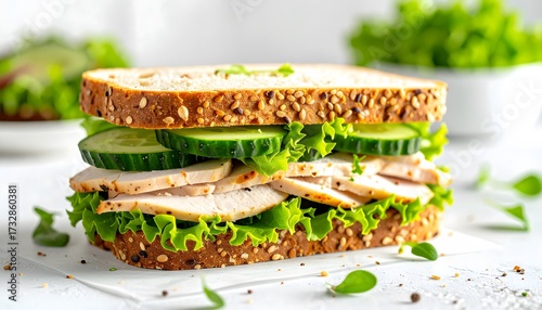 Healthy sandwich on whole grain bread with sliced turkey or chicken breast, fresh crisp lettuce, and thick slices of cucumber for a quick lunch.
