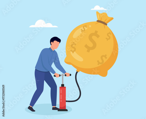 A man pumps air into a money bag balloon, symbolizing financial growth, investment, and the concept of inflating value or creating wealth