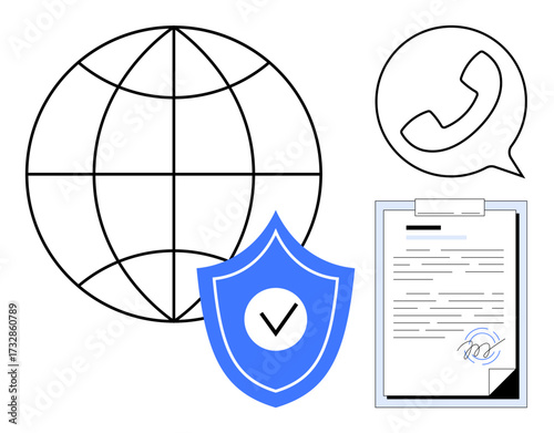 Globe, blue shield with checkmark, document with signature, chat bubble with phone. Ideal for trust, security, communication, connection global reach agreements privacy. Simple flat metaphor