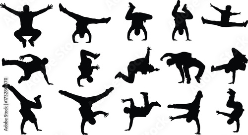 Breakdancing silhouette icon set, black vector illustration, street dance pose graphics, acrobatic movement artwork, hip-hop performance symbols
