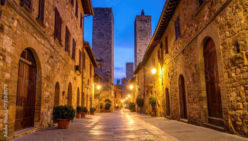 Fototapeta Naklejka Na Ścianę i Meble -  A narrow, cobblestone street at twilight, lined with ancient stone buildings and illuminated by warm lamplight, towers rising in the distance