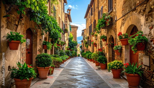 Fototapeta Naklejka Na Ścianę i Meble -  A narrow, sun-drenched cobblestone street in a historic European town, lined with aged stone buildings adorned with vibrant potted flowers and lush greenery