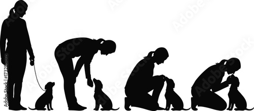 Dog training silhouette sequence, human–pet bonding vector, black interaction illustration, obedience pose artwork, animal care graphic design