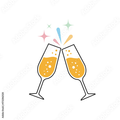 Toasting celebration with two glass flutes filled with sparkling liquid, toasting to good times. Celebration includes colorful bursts and playful star accents, symbolizing celebratory joy.