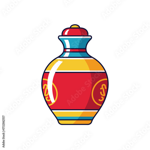 Brightly colored vase in a minimalist style with yellow stripes and red center is depicted against pure white.