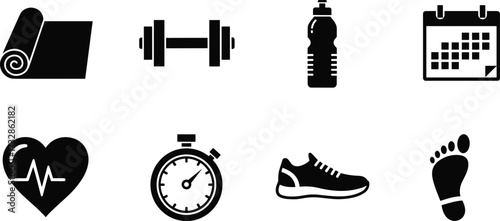 Fitness and health icon set, black outline vector, workout planning symbols, exercise gear illustrations, wellness tracking graphics, lifestyle tools