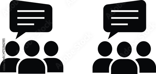 Group communication icon set, teamwork discussion vector, speech bubble graphic, social interaction symbol, black silhouette illustration, collaboration concept