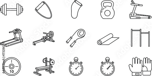 Gym equipment icon set, black vector illustration, fitness tools graphics, workout accessories symbols, training gear silhouette, exercise machine artwork