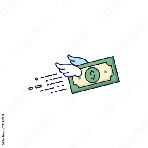 Flying money with little wings symbolizes losing cash, or money leaving, cash outflow. Creative concept flying money depicts currency taking flight and being lost.