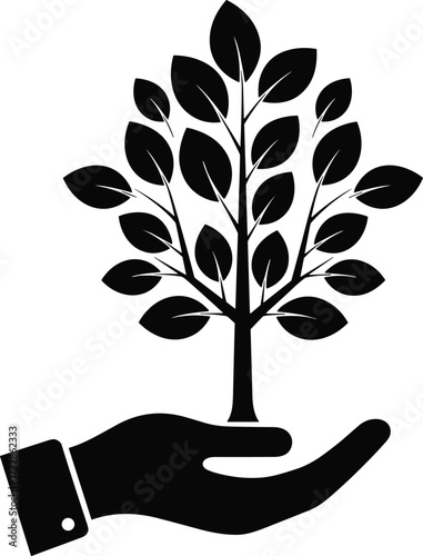 Hand holding tree silhouette, environmental care icon, black vector illustration, sustainability symbol, nature growth graphic, eco stewardship artwork