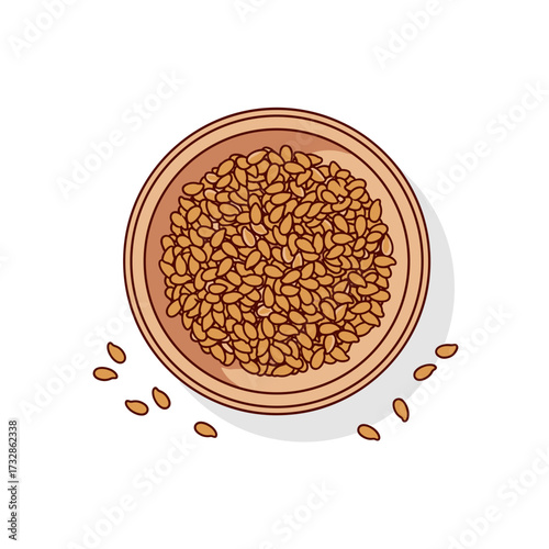 Flax seeds filling plate with brown textured surface. Nutritious flax seeds are great source of protein and fiber for salads and meals. Healthy flax seeds improve digestion, lower cholesterol,