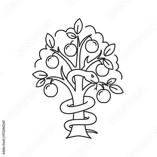 Eden tree featuring apples and snake in black and white is eye catching, symbolic creation. Eden tree represents temptation, sin, and knowledge as powerful concepts.