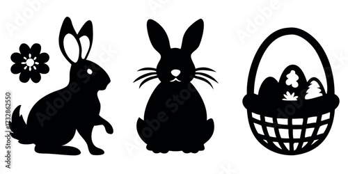 Vector Silhouette Set of Easter Symbols Bunny Rabbit Egg and Basket with Eggs