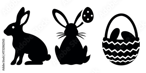 Vector Silhouette Set of Easter Symbols Bunny Rabbit Egg and Basket with Eggs