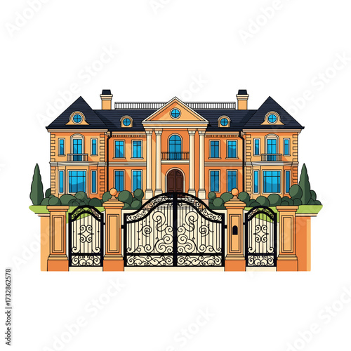 Luxurious house illustration with ornate wrought iron gates showing property. Lavish residence is a symbol of prosperity, with landscaped grounds and architectural facade.
