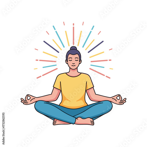 Meditation pose with woman sitting cross legged, meditating in yoga position with sun rays. Meditation pose with woman wearing casual clothing and practicing mindfulness, finding inner peace.