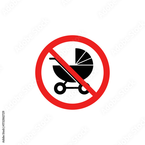 No strollers, isolated red prohibition sign indicating strollers not allowed. This no strollers warning is clear, direct, and universally recognizable.