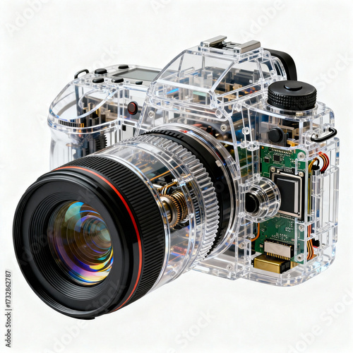 Transparent camera with visible internal components and lens  
