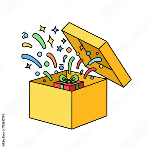 Open gift box with confetti in celebration concept, open gift box revealing smaller wrapped present and abstract design elements, an open gift box idea for festive occasions,