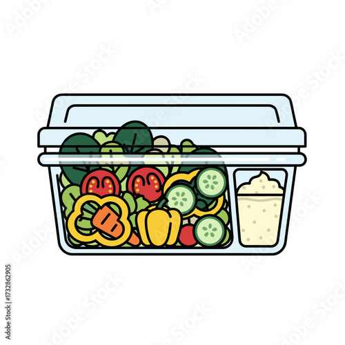 Colorful salad in container with fresh lettuce, sliced cucumbers, juicy tomatoes, and bell peppers for healthy lifestyle. Salad in container is great choice for diet food or eating on the go,