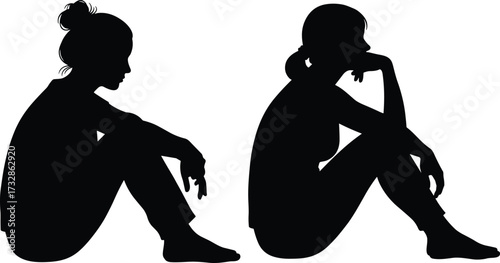 Seated silhouette illustration, contemplative pose vector, emotional reflection artwork, black figure graphic, introspection and solitude icon design