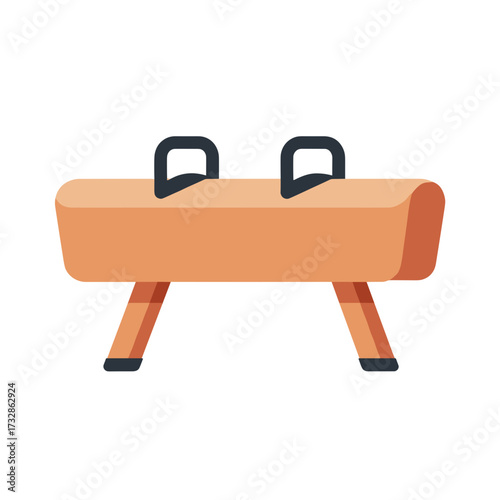 Pommel horse equipment in gym, sporting wooden pommel horse object with two handles, set on sturdy legs.
