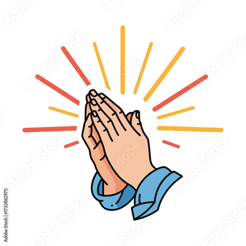 Praying hands in minimalist style with colorful rays, hands clasped in prayer showing faith and hope, evoking spiritual connection.