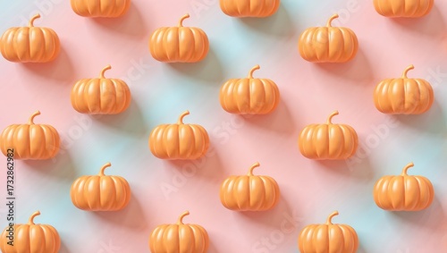 Pastel halloween pumpkin seamless pattern creating a whimsical autumn season background, featuring vibrant orange gourd shapes on a trendy pink and blue gradient surface