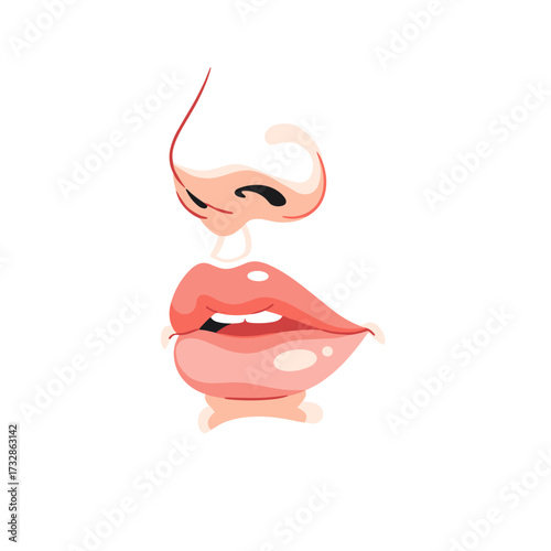 Abstract woman face with glossy lips and nose on white background. Woman face abstract art shows details and minimal expressive features, with sleek teeth visible.