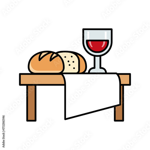 Bread and wine illustration depicting Christian communion on small table, bread and wine illustration of sacramental offering.