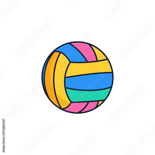 Depiction of colorful volleyball, beach ball in vibrant hues for recreational activities. Volleyball artwork shows sections of yellow, pink, blue and green, suitable for leisure concepts.